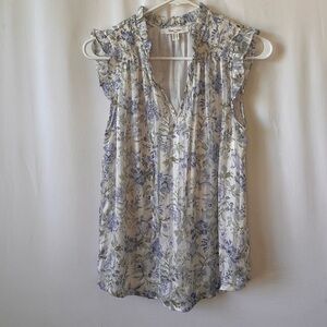 Haver & Blair Ruffle Sleeveless Blouse White, Light Blue Floral Print Women’s S